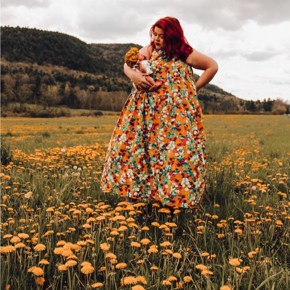 Yellow Magenta Teal Abstract Floral Loose Fit Tiered Maxi Dress 100% Cotton XXL